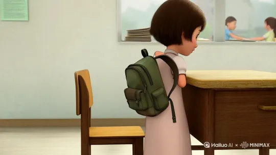 教室里，短头发的小女孩背着书包慢慢走进来，小女孩坐到桌子前把书包打开放到桌子上，一只很小很小很小的小乌龟从书包里滚了出来，固定镜头在桌面上，近景，对准书包和小乌龟，二次元平面风格 by Hailuo AI Video Generator