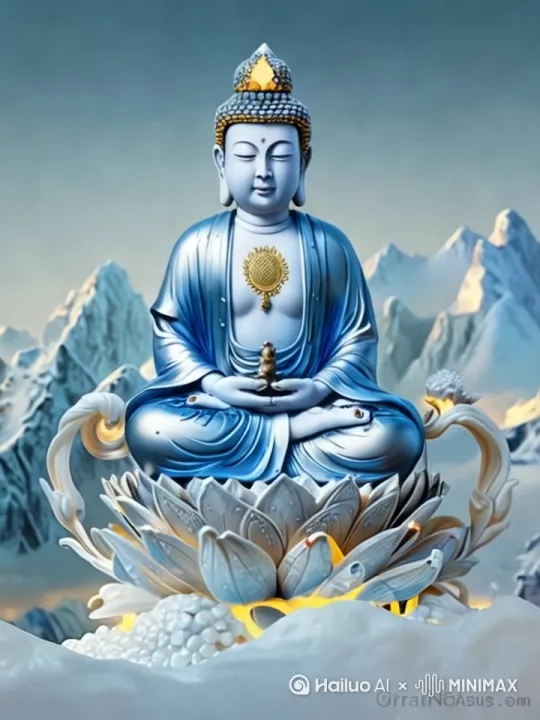 金色千手观音菩萨立于虚幻云端，背后幻化出无数转动的金色手臂，背景环绕朦胧流动的云雾。菩萨手持甘露瓶与杨柳枝，将晶莹水珠洒向虚空，全身及莲花座散发璀璨金光，蓝色佛像轮廓神圣庄严，3D立体渲染风格，细节精致的金属质感与半透明飘带，全景仰视构图展现宏伟气势。 by Hailuo AI Video Generator