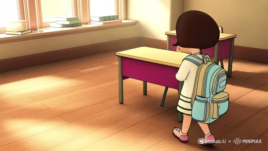 教室里，短头发的小女孩背着书包慢慢走进来，小女孩坐到桌子前把书包打开放到桌子上，一只很小很小很小的小乌龟从书包里滚了出来，固定镜头在桌面上，特写对准书包和小乌龟，二次元平面风格，平面化 by Hailuo AI Video Generator