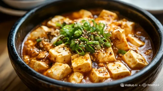 [变焦推进]麻婆豆腐冒白色热气 by Hailuo AI Video Generator
