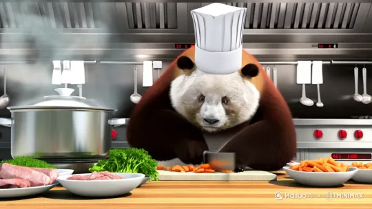棕色熊猫七仔，带着厨师帽在厨房做饭，忙的焦头烂额，旁边的高压锅炖着排骨蒸汽呼呼的，它手里忙着切红萝卜，旁边有切好的肉和青菜。 by Hailuo AI Video Generator