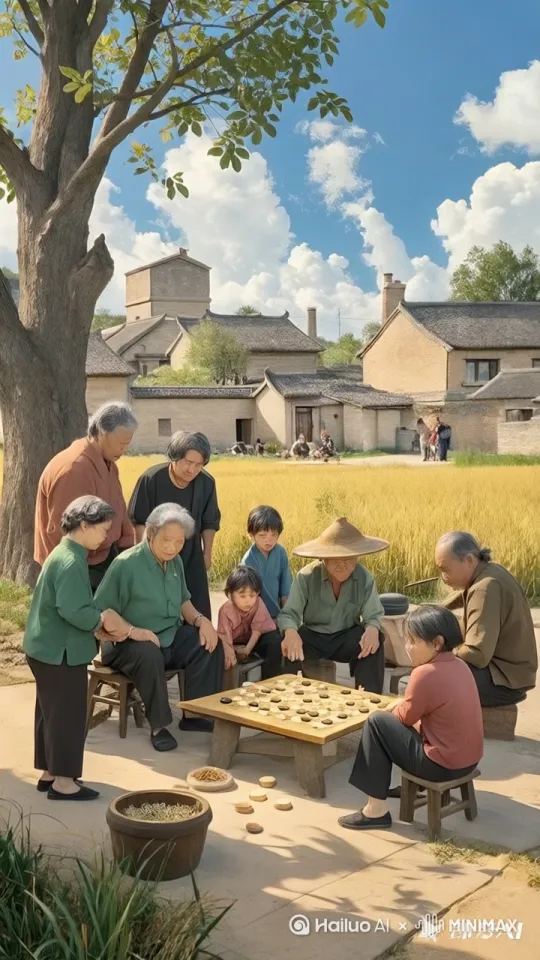 大爷掀开棋盘，下面露出一口井，井口金光四射，井里面慢慢飞出一条金色的金龙，众人都迅速爬上金龙的身上，金龙驮着众人慢慢飞上了空中。 by Hailuo AI Video Generator