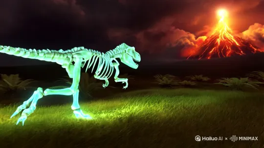 Tyrannosaurus rex skeleton glowing with bioluminescence galloping under moonlight.Leaning forward sprinting stance creating air vortex, joint trails emitting light streaks.Prehistoric ferns swaying on paleo-grassland, volcanic eruption illuminating clouds by Hailuo AI Video Generator