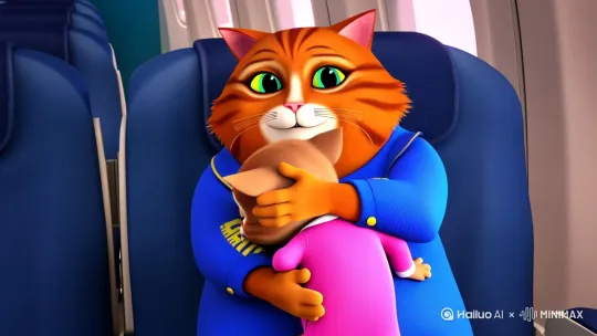 一只憨态可掬的肥胖小橘猫妈妈，怀抱着年幼的小猫咪宝宝，一同坐在飞机的座位上。肥胖小橘猫妈妈眼神温柔而关切地看着宝宝，身上穿着特制的蓝色航空服，宝宝则穿着可爱的粉色连体衣，紧紧依偎在妈妈怀里。机舱内灯光柔和，背景虚化干净，32K，高清画质。 by Hailuo AI Video Generator