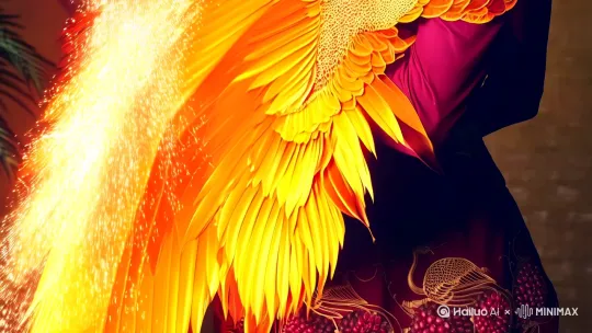 🔥《凤鸣九天》5秒极致变身脚本

【镜头1】（1.5秒）
• 仰角特写：燃烧的凤尾扫过镜头，赤金羽毛夹杂火星坠向屏幕
• 特效：每片羽毛触屏即化水墨，露出汉服石榴裙摆

【镜头2】（2秒）
• 粒子重组：火焰漩涡中浮现金丝绣花鞋，镜头急速上摇
• 一镜到底：百鸟朝凤纹大袖衫自下而上成型，发间步摇自动组装

【镜头3】（1.5秒）
• 动态定帧：女子侧颜回眸，眼中残留凤凰重瞳光效
• 彩蛋设计：飘落的火星在最终帧组成「鳳」字篆书水印

🎬制作贴士：
1. 采用240帧升格拍摄甩袖动作，后期倒放实现衣物自动穿戴
2. 凤凰鸣叫音效混入古琴泛音，声波触发手机屏幕火焰涟漪特效
3. 口红选择鎏金变色款，在强光下会显现羽毛纹理
要求要求视频的比例是9:16.
（该脚本适配抖音竖屏，重点强化前0.6秒的羽毛爆破视觉冲击，预留POI图标引导观众点击触发AR浴火特效） by Hailuo AI Video Generator