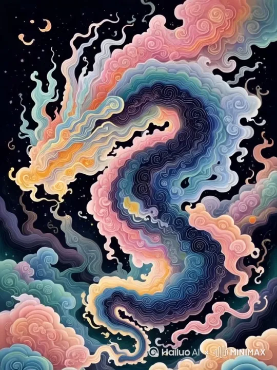 画面中的所有线条都在流动，线条流动，光影变幻，云雾涌动，龙在游动 by Hailuo AI Video Generator