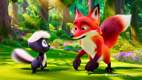 In a vibrant, 3D Pixar - inspired forest, a lively red fox with large, expressive eyes and a bushy tail stands on a plush, grassy clearing. Its fur shimmers with rich orange - red hues under the warm sunlight. Facing the fox is a adorable skunk with big, guileless eyes and a fluffy tail, listening intently. The surrounding forest is teeming with tall, verdant trees, blooming flowers, and dappled sunlight filtering through the foliage. The camera remains static, zoomed in on the two as they interact. The fox gestures animatedly with its paws while speaking, its mouth moving vividly, and the skunk cocks its head inquisitively. The atmosphere is filled with a sense of whimsy and friendliness, enhanced by the vivid colors and charming setting. by Hailuo AI Video Generator