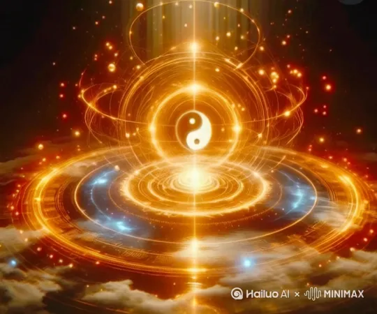 场景设定：“浩瀚宇宙，深邃 太空，金色与橙色光芒 交织，神秘的 阴阳符号 悬浮于画面中央，象征着平衡与和谐。多个 光点连接 的同心圆环围绕其旋转，形成复杂的几何结构，仿佛整个宇宙的奥秘都蕴含其中。”- 角色动作（如果适用）：“镜头 缓缓推进，聚焦于阴阳符号的细节，随后逐渐拉远至全景，展示其在宇宙中的位置。光点开始 流动 和 闪烁，似乎有生命般地跳动，阴阳符号 旋转，释放出柔和但强大的能量波。”- 镜头运用：“特写 阴阳符号 的细节，中景展现其与周围光环的关系，俯视视角呈现整个场景的壮观，慢动作捕捉光点流动的过程，快速切换不同角度以增加动态感。”- 特效设计：“背景星光闪烁 作为永恒的宇宙背景，光环旋转 强调时间流逝的感觉，能量波扩散 表现力量的传递，音效配合 包括轻柔的风声、神秘的吟唱以及低沉的共鸣声，营造沉浸式体验。” by Hailuo AI Video Generator