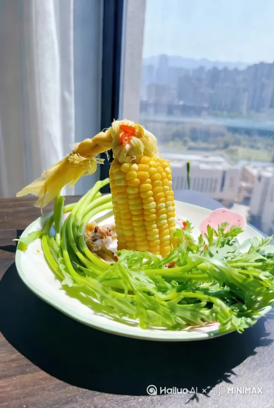 生活的小确幸，藏在这份创意餐食里。玉米化身俏皮模样，搭配鲜蔬，开启元气满满的一天。 by Hailuo AI Video Generator