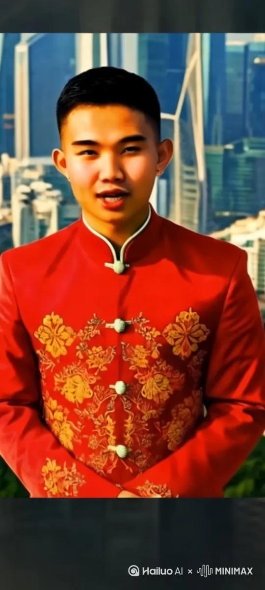 在现代城市高大的建筑群上方[右，下降]，画面出现一个身穿壮族服饰的男青年。男青年面向镜头，正开口说话。比例：9：16 by Hailuo AI Video Generator