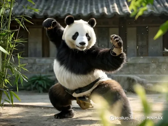 2. 真实摄影级16K超清画质,50mm特写镜头聚焦搞笑一幕:熊猫穿练功服大秀功夫,黑白毛发纤毫毕现,眼神专注,动作却滑稽。中式庭院里翠竹摇曳,茶具古朴,回廊雕花,本静谧古韵的环境,配上熊猫搞笑练武动作,反差拉满,动静结合,生成超有趣动图! by Hailuo AI Video Generator