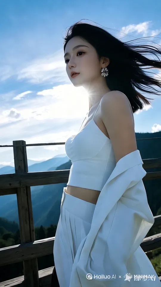 6中景：美女在山顶漫步，时而蹲下触摸云雾，时而拿起手机拍摄美景，还不时变换姿势与云海合影留念。跟拍镜头记录美女的各种动作和神态，轻松愉悦的背景音乐中夹杂偶尔的快门声。 by Hailuo AI Video Generator