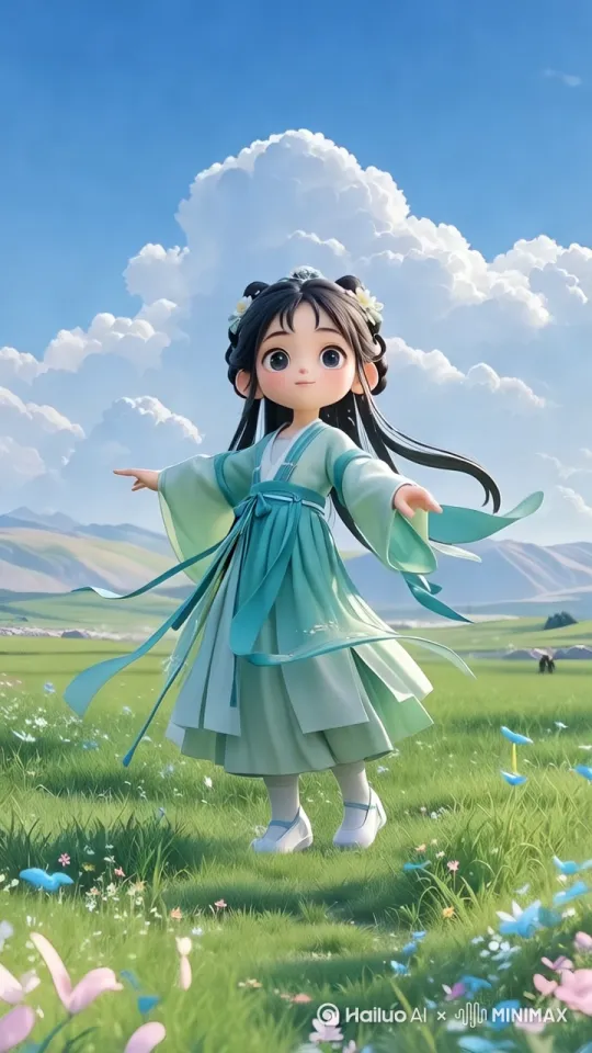 少女在草地上向前奔跑[推进,上升] by Hailuo AI Video Generator