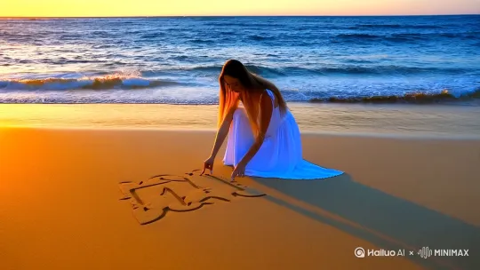 A woman with long hair knelt on the golden beach. Her white dress fluttered slightly in the gentle sea breeze. She was intently using her slender fingers to trace letters in the soft, wet sand. The letters seemed to form a secret message. The vast blue ocean spread out behind her, the waves lapping gently at the shore. The sun was setting, casting a warm orange glow over everything. The camera slowly zoomed in on her hands and the sand, enhancing the sense of focus on this serene and creative moment. The overall atmosphere was peaceful and contemplative, as if time had slowed down just for her.4K. by Hailuo AI Video Generator
