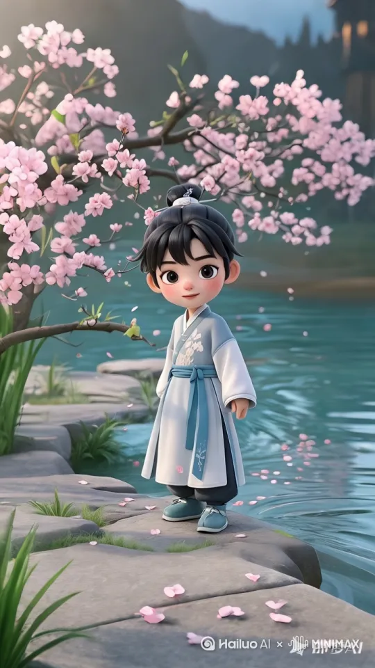 小男孩抬头踮脚轻触花瓣[左移,推进,右摇] by Hailuo AI Video Generator