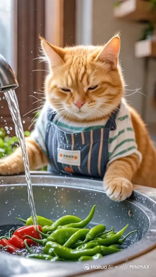 今天的主角是我们的橘猫小厨，它将为我们展示如何洗菜！镜头特写橘猫的脸
看，它已经穿上了专属的小围裙，准备好要大显身手了！
橘猫开始洗菜
首先，小厨会轻轻地打开水龙头，水流要温和，这样才能让我们的蔬菜洗得更干净。
看这些新鲜的辣椒，红的绿的，多么诱人！橘猫会用它的小爪子模仿人的洗菜动作，轻轻来回拨动蔬菜，确保每一颗都洗得干干净净。橘猫继续洗菜，偶尔抬头看镜头
小厨洗菜的时候非常专注，它知道每一颗蔬菜都需要细心对待。
看，小厨洗得多认真！它是不是很可爱呢？
橘猫完成洗菜，抬起头，终于洗完了！小厨看起来对自己的成果非常满意。看，这些蔬菜在小厨的努力下，变得多么新鲜诱人！ by Hailuo AI Video Generator