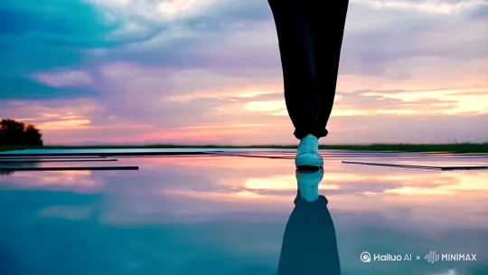 光滑的镜面材质地面（如雨后积水或人造反光板），倒映着天空的云层与光线。  
晴朗的黄昏，天空呈蓝紫色渐变，云层低垂，光线柔和。  
身着深色宽松长裤与白色运动鞋，步伐从容稳定。
穿着白色运动鞋的人缓慢踏入镜面地面，脚底与水面接触的瞬间激起细小涟漪。
大特写，固定俯拍，轻微跟随脚部前移 by Hailuo AI Video Generator