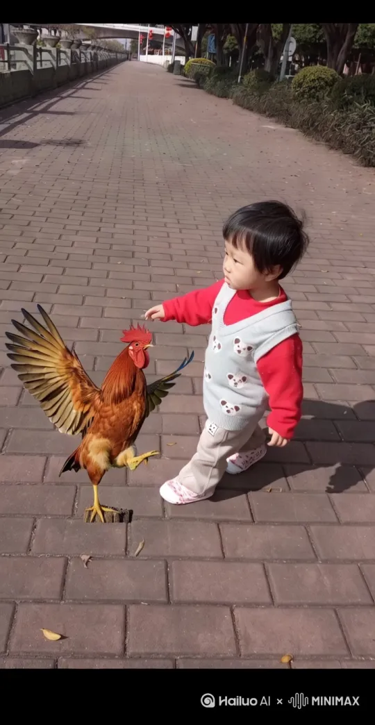 在尘土飞扬的空地上，鸡与人激烈搏斗，以极为快速的拳打脚踢相互攻击。镜头先从侧面平移聚焦在人和鸡身上，清晰呈现双方激烈对抗，随后镜头快速环绕上升，全方位展示这场史诗般的生死战，营造电影级质感。
------------- by Hailuo AI Video Generator