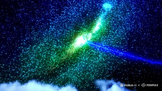 采用动态运镜构建视觉叙事:以俯瞰视角切入,镜头如流星极速俯冲,穿透密布的蓝绿交织繁星,顺着几道锐利蓝光闪电的轨迹迅猛直下,贴近蓬松层叠的云团表面,沿云浪起伏横向平移,细腻捕捉云层棉絮般的蓬松质感与光影勾勒的边缘轮廓;紧接着镜头骤然拉升,向后快速拉远,将浩瀚星空与云海全貌收进画面,让星光在镜头运动中拖出流光轨迹,最后定格于天地交接线处——雷电闪耀刹那,云浪翻涌的动态与星际璀璨的静态在运镜变幻中激烈碰撞,淋漓尽致展现宇宙奇景的深邃磅礴与震撼张力。 by Hailuo AI Video Generator