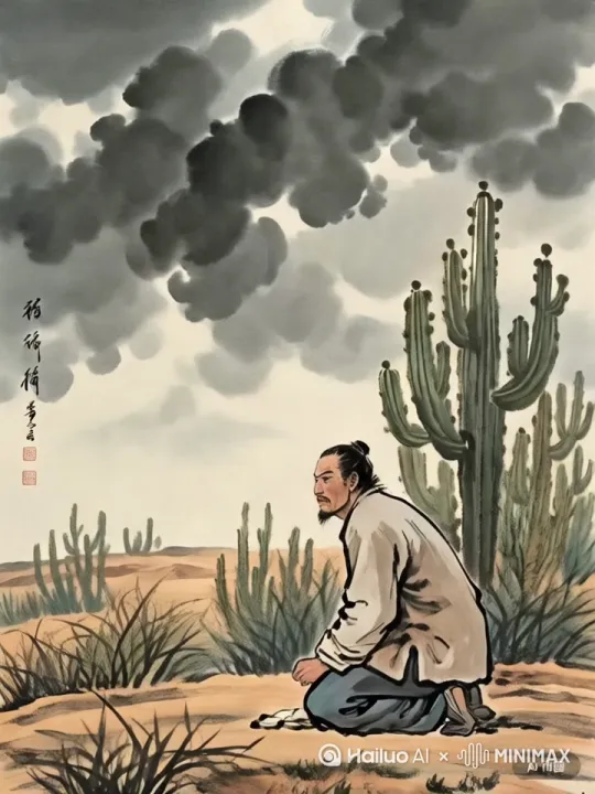 风起云涌，风吹草地，风吹起人物的发须和衣服，仙人掌也微微摆动，图中的人物从站立到下跪，[固定镜头] by Hailuo AI Video Generator