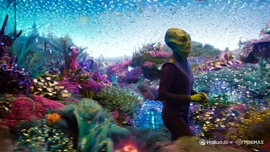 [右移,跟随]
一个外星人讲解他们的世界，
[下降,上摇]
他们的星球一切都是智能体，
[左移,上升]
能飞能潜水，
[上升,左移]
吃的食物可以撑1年之久，
发挥奇异想象。 by Hailuo AI Video Generator