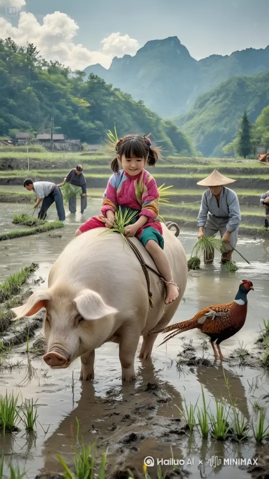 镜头移动。动态跟随，母猪在场地中左右奔跑、上下跳跃、疯狂跳跃，小女孩紧紧骑在母猪身上，水里跳出很多龙虾，四处跳窗 by Hailuo AI Video Generator