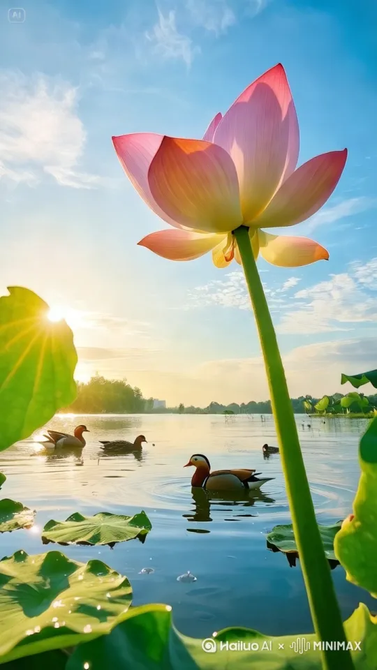 帮我生成一个视频：花瓣与荷叶随风摇摆，水珠也随叶而动，小鸟在水中嬉戏。比例 9:16。 by Hailuo AI Video Generator