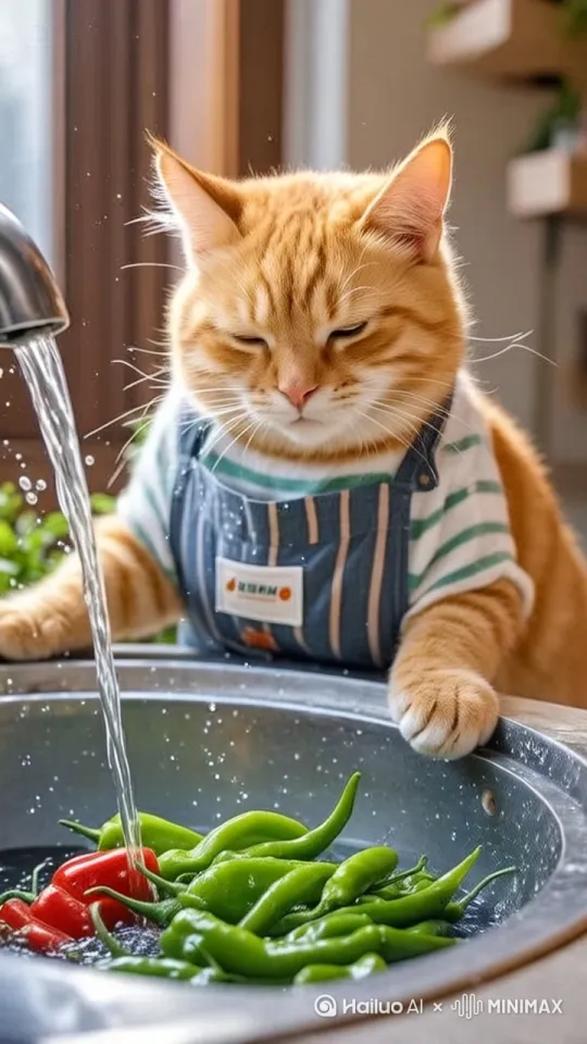今天的主角是我们的橘猫小厨，它将为我们展示如何洗菜！镜头特写橘猫的脸
看，它已经穿上了专属的小围裙，准备好要大显身手了！
橘猫开始洗菜
首先，小厨会轻轻地打开水龙头，水流要温和，这样才能让我们的蔬菜洗得更干净。
看这些新鲜的辣椒，红的绿的，多么诱人！橘猫会用它的小爪子模仿人的洗菜动作，轻轻来回拨动蔬菜，确保每一颗都洗得干干净净。橘猫继续洗菜，偶尔抬头看镜头
小厨洗菜的时候非常专注，它知道每一颗蔬菜都需要细心对待。
看，小厨洗得多认真！它是不是很可爱呢？
橘猫完成洗菜，抬起头，终于洗完了！小厨看起来对自己的成果非常满意。看，这些蔬菜在小厨的努力下，变得多么新鲜诱人！ by Hailuo AI Video Generator