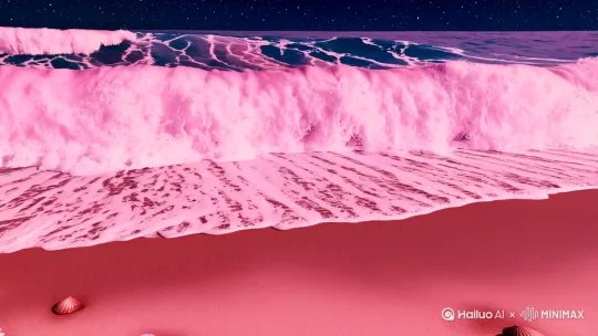 Ai 大师作品,高质量,超清画质,水彩画媒介形式,梦幻风格,繁星点缀的夜空下粉红色海涛拍打着海岸,岸边有贝壳和鹅卵石为主题背景描述,平视视角方位角度,海涛、贝壳和鹅卵石为主体描述,海涛泡沫丰富、贝壳纹理精致、鹅卵石光滑圆润为主体形态细节描述,海涛起伏、贝壳散落、鹅卵石堆叠为主体外形细节描述,海涛不断涌动、贝壳静止、鹅卵石稳固为主体行为细节描述,三分法构图方式,温暖的粉红色照明颜色,宁静美好的情绪渲染,4K 图像质量,专业构图,风格,分辨率 by Hailuo AI Video Generator
