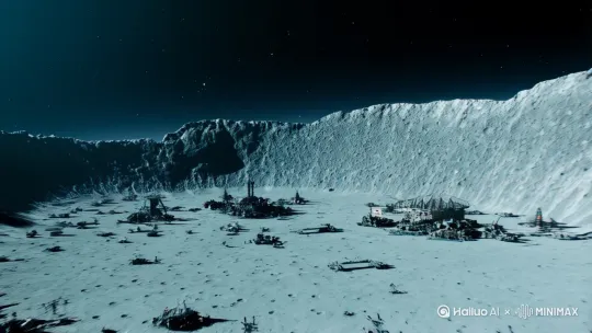 镜头从漆黑宇宙拉远，露出破碎的月球环形山，表面布满未来军事基地残骸  
- 全息投影的银河系星图突然闪烁红光，标注「敌军舰队已抵达柯伊伯带」  
- 钛合金舱门滑开，人类指挥官机械外骨骼上的神经接口蓝光流转  
- 特写：悬浮在零重力中的3D战术沙盘，星际母舰正在重组为战斗阵列  [左移,右摇,跟随] by Hailuo AI Video Generator