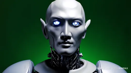 主体描述
"在纯绿色背景前，呈现2060年亚洲血统的类人形机器人半身像。其面部具有18-22岁东亚男性的骨相特征：窄双式丹凤眼，高颧骨与流畅下颌线组合的冷峻感，皮肤呈现仿生硅胶质感与金属光泽混合的渐变效果。后脑勺采用半透明装甲设计，裸露的神经接口矩阵由128组微型光纤构成，中央处理器芯片持续发出淡蓝色脉冲光效，数据线以生物神经网络形态缠绕集成。"

动态参数

眼部动作：使用时间轴标注（0:00-0:01闭眼动画，0:01-0:01.5虹膜扫描特效，0:01.5-0:02.5正常状态，0:02.5-0:03二次闭眼时增加眼睑液压装置运转细节）
口部同步：要求语音驱动唇形（0:01-0:05），需配合中文语音输入生成精准肌肉运动轨迹，下颚关节处需显露纳米伺服电机工作状态
科技元素：颈动脉位置植入发光电路纹路，肩部装甲接缝处每2秒喷射一次冷凝气体
技术规格

分辨率：4K UHD 3840×2160（适配Pixeling千象的4K生成能力）
渲染模式：电影级全局光照+光线追踪（参考Runway的3D渲染功能）
帧率控制：120fps生成，60fps输出保证动态模糊自然
材质系统：金属部件使用PBR次表面散射材质，仿生皮肤需呈现8K微表面细节
补充指令

使用WHEE的局部修改功能强化后脑机械结构
调用可灵AI的虚拟试穿系统优化肩部装甲人体工学设计
通过星火绘境的时间轴编辑器精确控制虹膜运动曲线 by Hailuo AI Video Generator