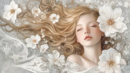 小女孩睡着了，花朵和头发被微风吹拂 by Hailuo AI Video Generator