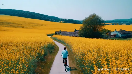 大面积的油菜花，弯曲的村道水泥路，骑自行的英俊少年，从视野中渐渐远去、只留下背影，微风吹过，菜花摇拽着，几只小鸟飞过空中。高清，有俯视镜头，有平推镜头，电影构图， by Hailuo AI Video Generator