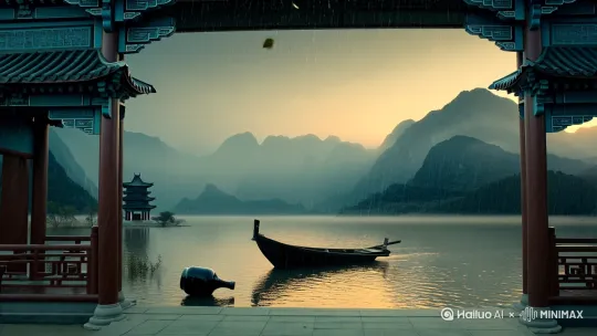 黄昏古亭送别场景,水墨质感古风山水,远山轮廓隐于暮色,西楼屋檐雨帘垂落,江面孤舟远影,岸边酒坛倾倒,空中零落竹叶纷飞。美学词:阴郁冷色调,古典水墨留白,苍茫烟雨意境,景深层次分明。专业词:8K绢本设色质感,广角镜头构图,细腻雨丝动态渲染,光影对比处理。 by Hailuo AI Video Generator
