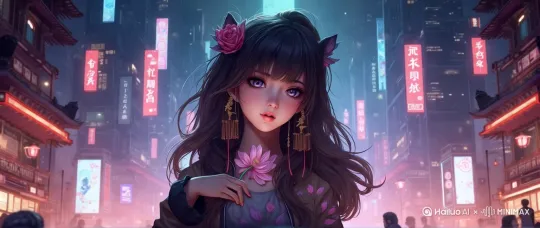 镜头不动，女孩眨眼，头发被风微微吹动，背景霓虹闪烁 by Hailuo AI Video Generator