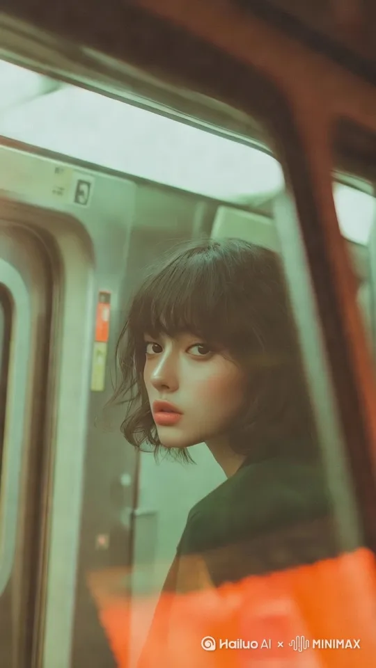 列车光影闪动，女孩回头看你，朝你慢慢走来！ by Hailuo AI Video Generator