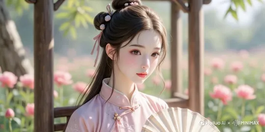 镜头不动，女孩微笑，头发被风微微吹动 by Hailuo AI Video Generator