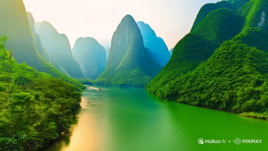 1.镜头从高空俯瞰桂林的山水画卷，清澈的江水蜿蜒流淌，两岸翠绿的青山绵延起伏。江面上一艘小船缓缓划过，泛起层层涟漪。画面以绿色和蓝色为主色调，阳光洒下，整个画面清新而空灵，尽显桂林山水的秀丽与神奇。2.镜头从漓江水面上仰拍象鼻山，清澈的江水倒映着山的轮廓。象鼻山那独特的外形就像一头大象把鼻子伸进江水里吸水，周围是郁郁葱葱的树木。画面以绿色为主色调，江水为辅助的蓝色调，凸显出象鼻山在桂林山水间的独特与灵韵。3.镜头从银子岩洞口缓缓推进，洞内灯光映照下，各种钟乳石晶莹剔透。有的像高耸的玉柱，有的像倒挂的金钟，在五彩灯光的映衬下美轮美奂。画面以暖黄色灯光色调为主，营造出神秘而梦幻的氛围。 by Hailuo AI Video Generator