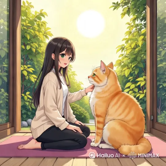 [变焦推进]小女孩抚摸着猫咪的脸，后背背景[晃动]，树叶飘落。猫咪眨着眼睛看着小女孩[变焦拉远] by Hailuo AI Video Generator