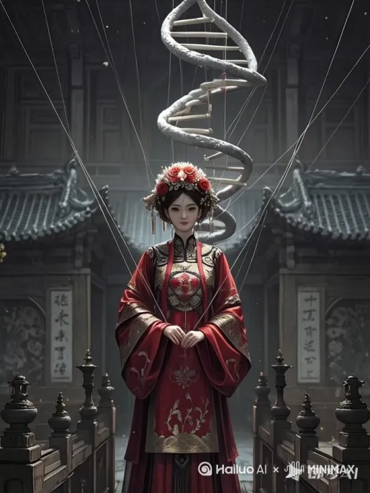 帮我生成一个视频：Dna双螺旋原地旋转，通过连接着的紧绷的细线，连接新娘，遥控新娘。紧绷的细线随着双螺旋旋转而运动，牵动新娘，让新娘做一个作揖的动作 by Hailuo AI Video Generator