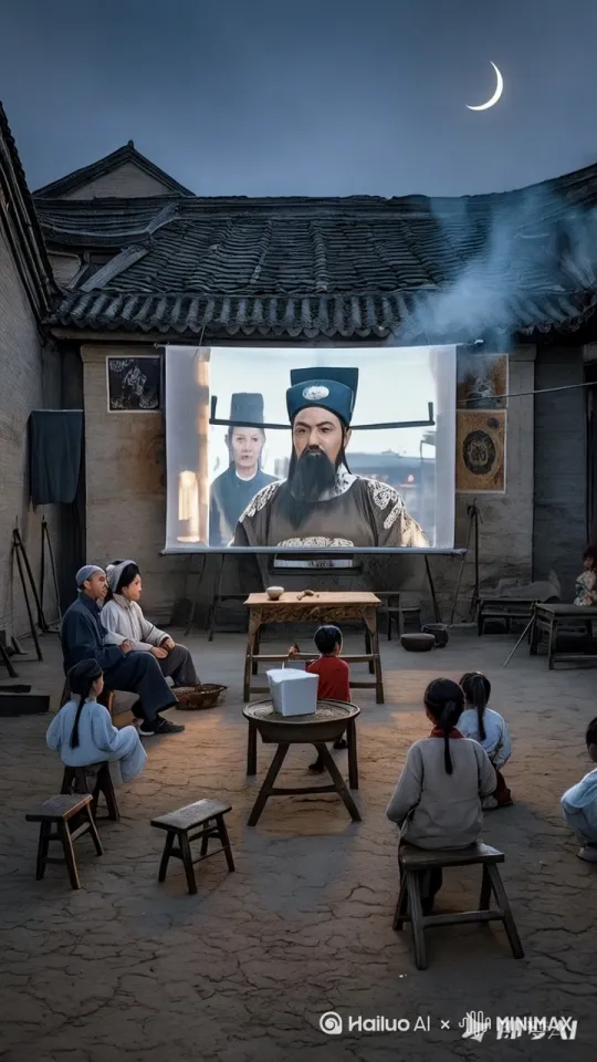 1.屏幕正在放演包青天与陈世美的电影，电影屏幕突然冒出黑烟，包青天与陈世美瞬间从屏幕里走出两个真人来，包青天一下把陈世美按在铡刀下面，准备行刑，镜头跟随，动态移动，小孩子拍手叫好。 by Hailuo AI Video Generator