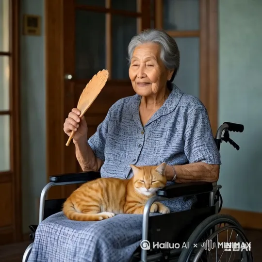 [推进]奶奶浅浅地微笑着，拿着扇子扇风，小猫咪眼睛眯眯着，仿佛要睡着了，奶奶用手摸一下小橘猫，奶奶低头看向小橘猫，微笑着 by Hailuo AI Video Generator
