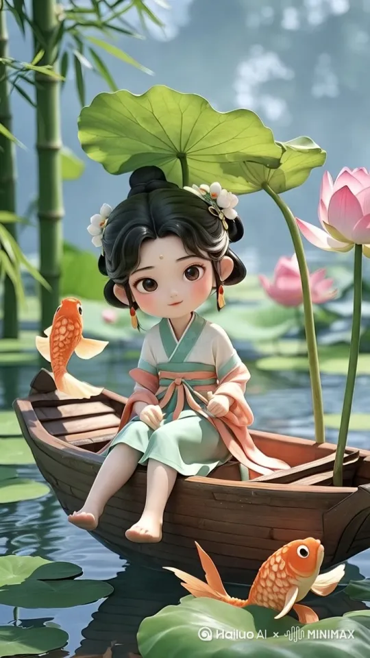 [左移,左摇,推进]小女孩和鱼互动 by Hailuo AI Video Generator