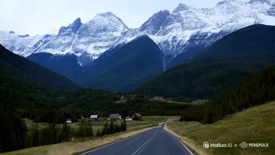 治愈系风景，远处有雪山，山上有树林，山脚下是房屋，视频中央有条起伏的柏油路，驾驶员视角开车向前走[跟随] by Hailuo AI Video Generator
