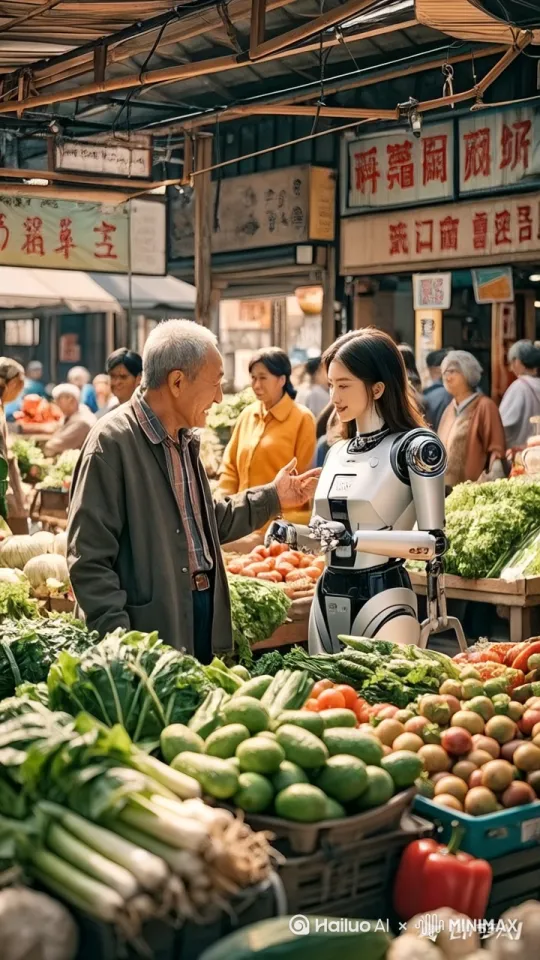 镜头移动，动态跟随，女机器人变成摩托车，大爷骑走摩托车，产生很多灰尘 by Hailuo AI Video Generator