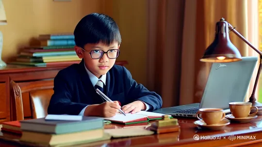 在一个温馨的家庭书房里，一个10岁的中国男孩坐在书桌前，专心学习。他穿着校服，戴着眼镜。他的脸很英俊，眼睛很明亮。他手里拿着笔做笔记或读书。偶尔，他抬头一看，思考着窗外。书房里的光线柔和，色彩温暖，光影效果营造出安静的学习氛围，桌子上有书、笔记本、笔记本电脑和一杯热茶。旁边是台灯。窗外可以看到春天的绿色或秋天的落叶，象征着青春、学习和成长。HDR、UHD、8K、最佳质量、杰作、高亮细节、工作室照明、超精细绘画、锐化焦点、基于物理的渲染、极端细节描述、专业、杰作、最佳质量，精致、美丽 by Hailuo AI Video Generator