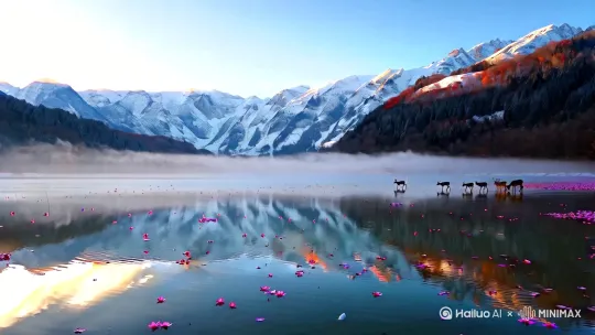 **雪山湖泊**  
   `清晨阳光穿透薄雾，雪山倒映在镜面般的湖泊中，湖面漂浮着零星花瓣，远处有鹿群饮水，超高清8K细节，电影级广角镜头，柔和的丁达尔光线 --ar 16:9 --v 6` by Hailuo AI Video Generator