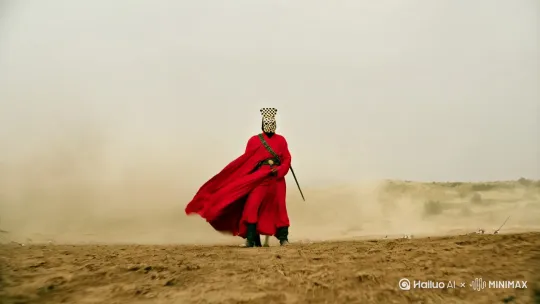 推近镜头，戴着西洋棋面具穿着红色长袍的骑兵站在战场 by Hailuo AI Video Generator