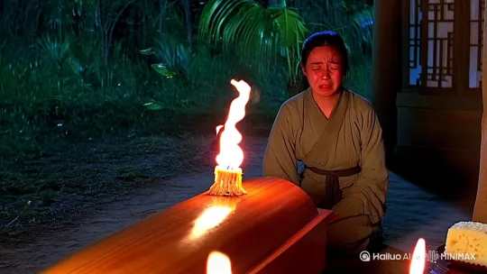 《守夜烛》

夏夜闷热，老宅里的虫鸣撕开寂静的夜空。我跪在爷爷灵前守灵，檀木棺材下的长明灯突然晃了晃。

"小满，别让蜡烛灭了。我去把镇上的李道士请来，[左移,推进,右摇]给爷爷念念经”说完满脸悲伤的才出门。我一个人守着爷爷即伤心又害怕，这时我后颈忽然漫过冰水般的凉意。供桌上的糯米糕渗出黑红血珠，白瓷酒杯里浮着半片指甲。

三更梆子响时，所有蜡烛齐刷刷熄灭。竹帘被风吹得噼啪作响，青砖地上渗出蜿蜒水渍，从门槛一路爬向棺材。我攥着护身符后退，看见月光里立着个湿漉漉的白影，长发缠着水草。

棺材板猛然炸开，爷爷僵直坐起，浑浊的眼珠转向白影："别动我孙子！"他枯槁的手抓住白影脚踝，青烟滋滋作响。白影发出尖啸，窗棂震落厚厚一层槐花。

道士清晨赶到时，长明灯依旧亮着。他说爷爷的棺材钉早被水鬼拔松，昨夜本该是找替身的时辰。我摸到棺材内侧五道深深的抓痕，想起爷爷生前总念叨："河边的柳树根下，埋着我那件救落水娃时扯破的汗衫。"

老道士对着空棺材叹气，说执念未消的人，连孟婆汤都泼不进心里。晨光里香炉腾起轻烟，恍惚是爷爷抽旱烟时的雾气。 by Hailuo AI Video Generator