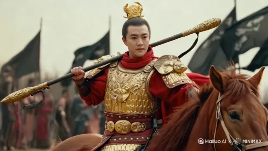 古代战场，年轻将军，骑战马，挥舞武器，呼呼生风，一棍打翻多位将领，英勇霸气，力大无穷 by Hailuo AI Video Generator